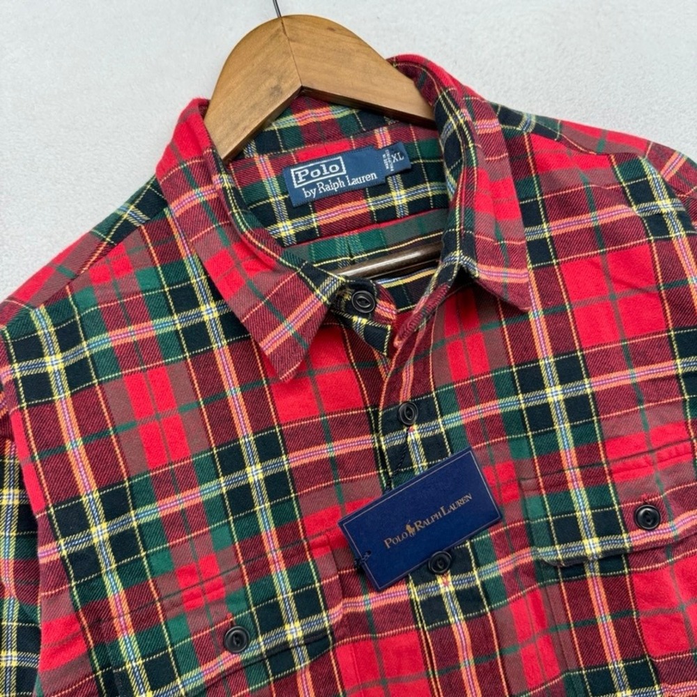 Ralph Lauren Flanel Shirt Mens XL Red Plaid Work Chinstrap Festive Deadstock 90s